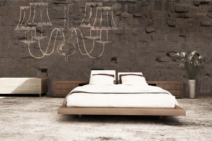 dormitor cu tapet pe perete de culoare maro stil caramida