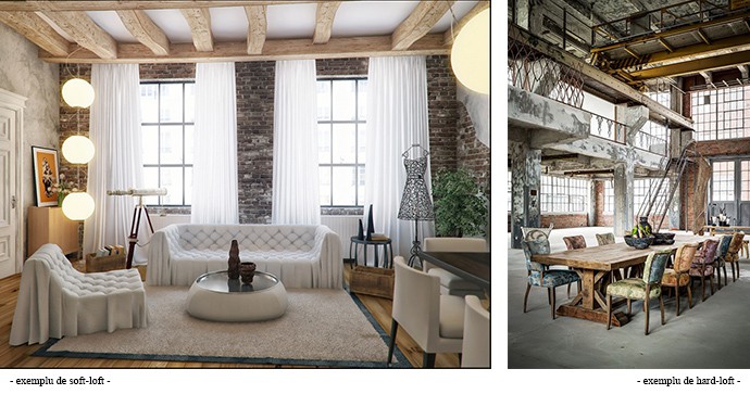 Living room in stil soft loft cu influente industriale in stanga si livingroom in stil hard loft cu influente industriale in dreapta