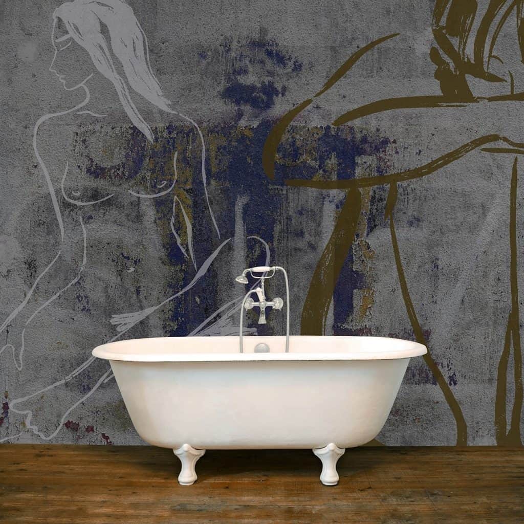 Fototapet Portret Abstract intr-o baie cu cada alba și podea din lemn