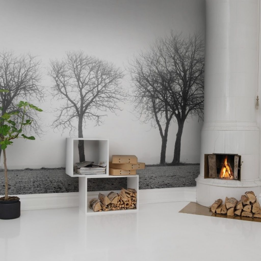 Fototapet 3D Copaci Străjeri, personalizat, Rebel Walls, intr-o camera cu semineu cu focul aprins, lemne, si planta decorativa