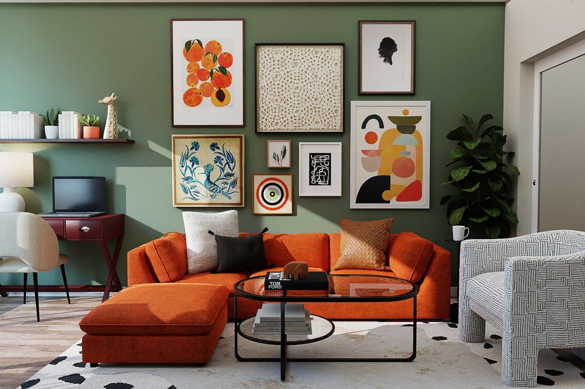 living dreptunghiular in stil modern, unde culorile predominante sunt verde si portocaliu
