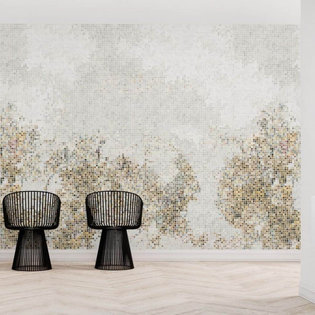 Fototapet Mozaic Pădure - Auriu, personalizat, Photowall, pe un perete in fata caruia se afla doua scaune