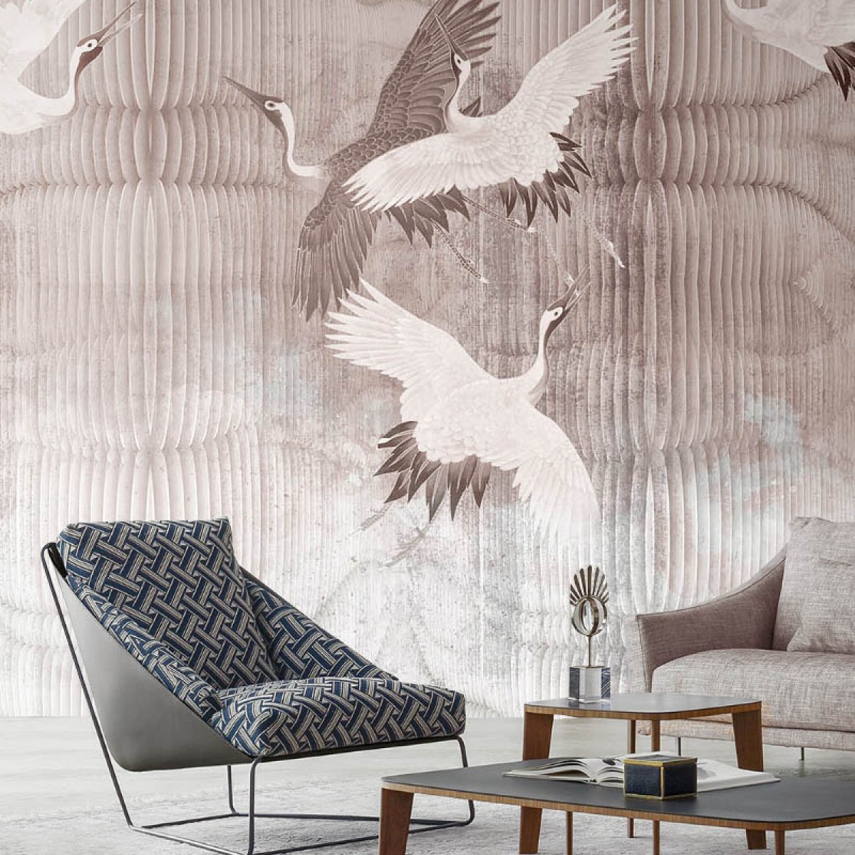 Fototapet contemporan Joyful Cranes, personalizat, idea murale