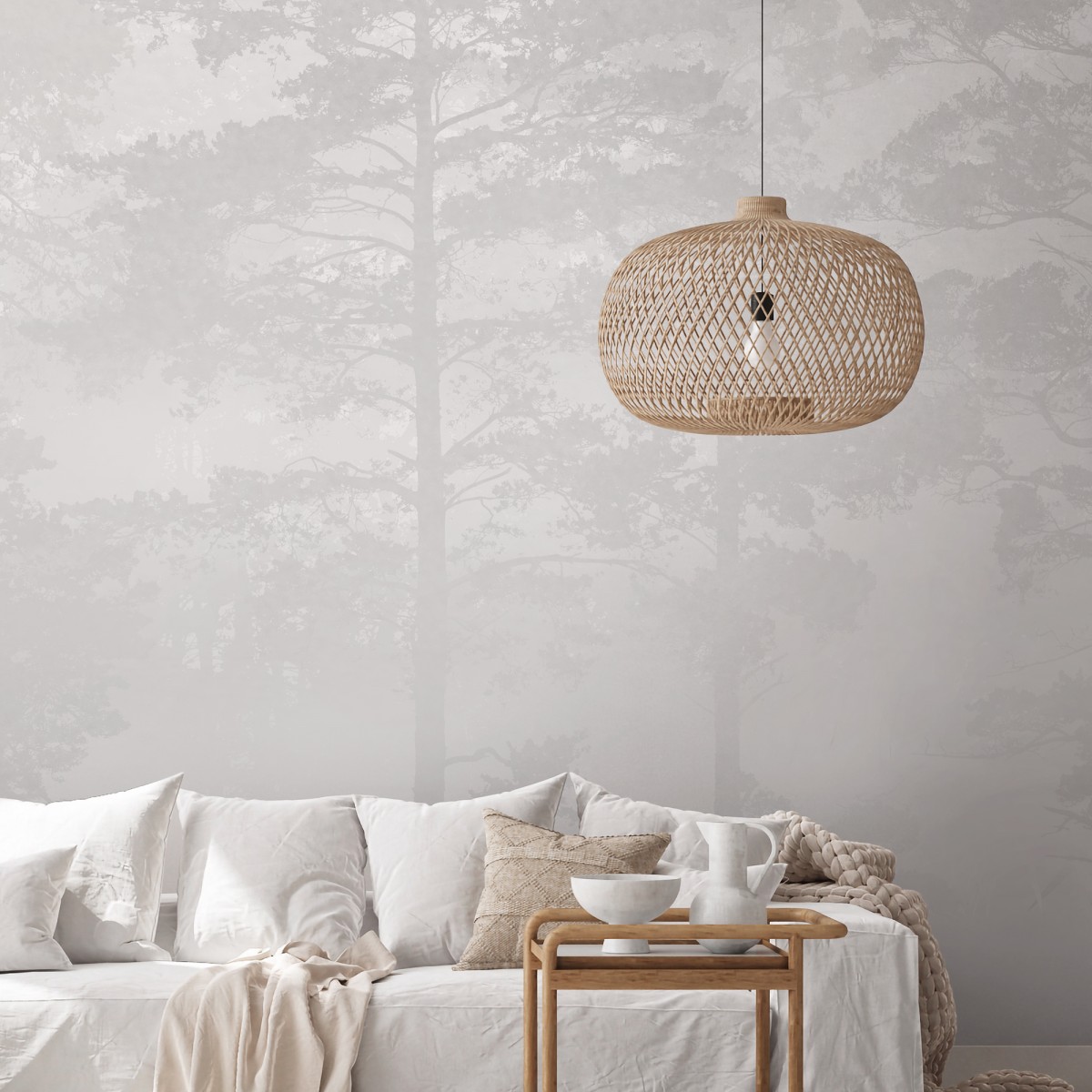 Fototapet Misty Pine Forest, Gri, Personalizat, Photowall, Fototapet living, Fototapet