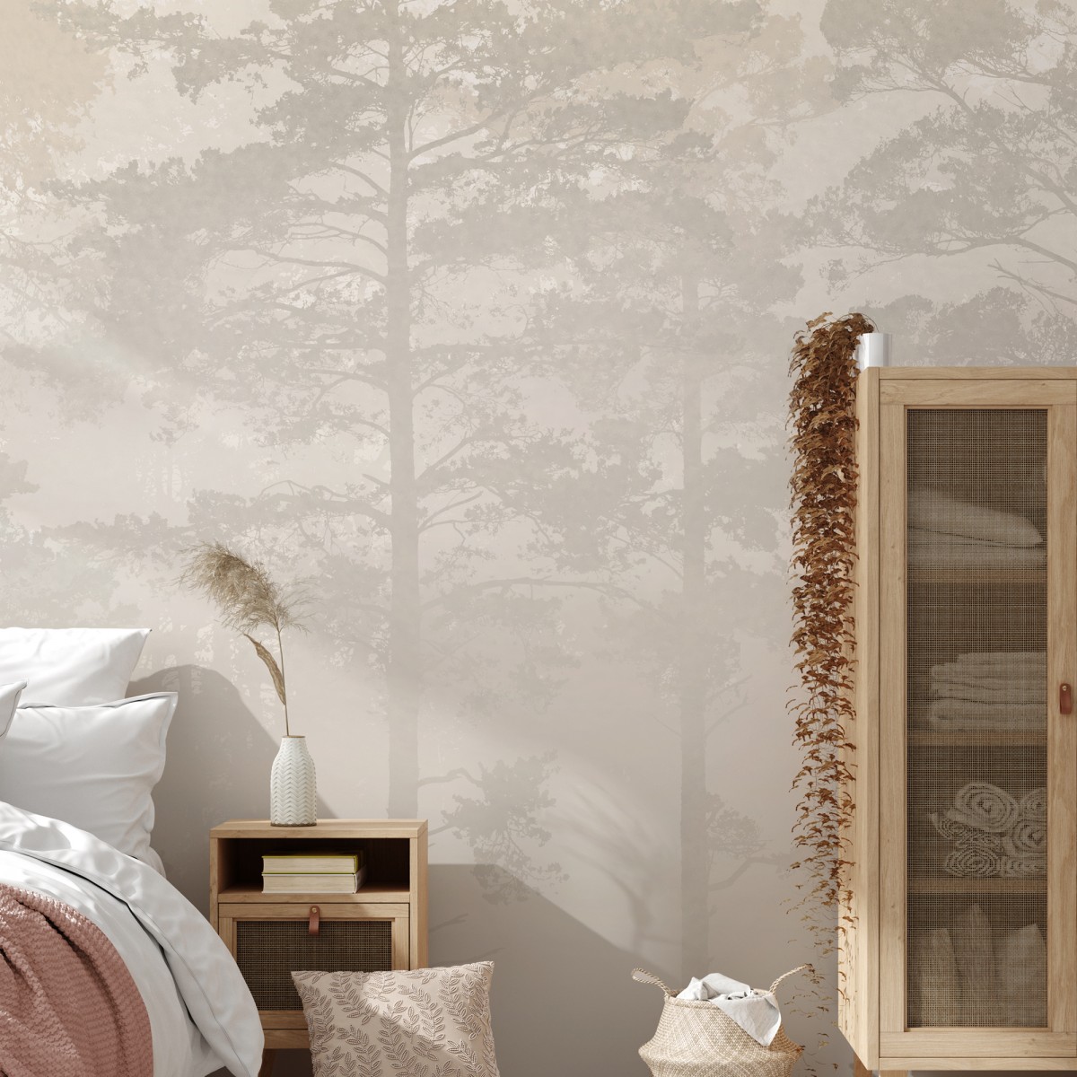 Fototapet Misty Pine Forest, Bej, Personalizat, Photowall, Fototapet living, Fototapet