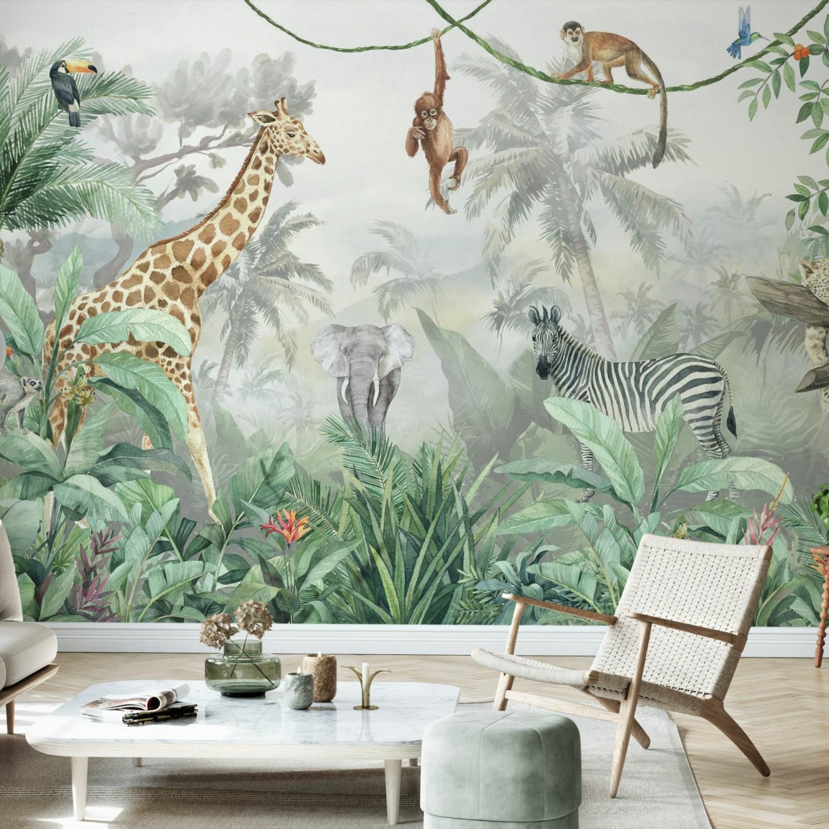 Fototapet Jungle Friends with Jungle Background, personalizat, Photowall, Fototapet pentru copii