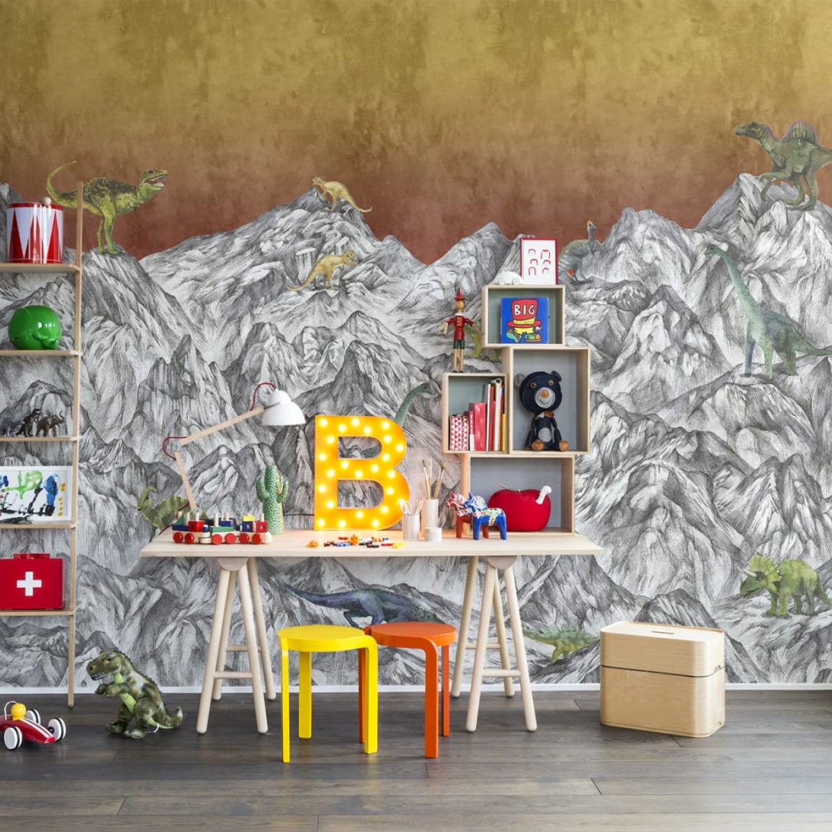 Foto tapet 3D Dinosaur Mountain, Volcano, personalizat, Rebel Walls