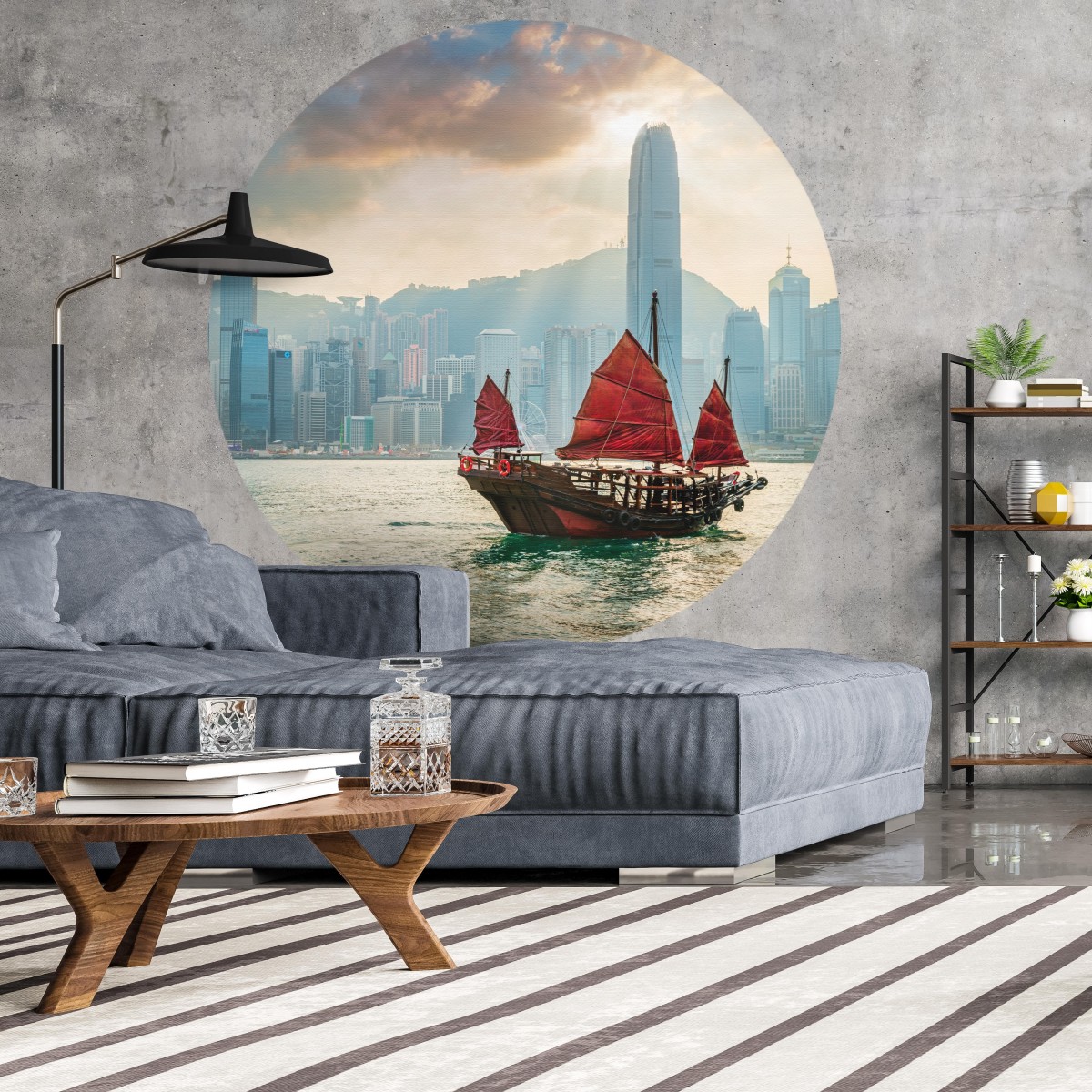 Fototapet rotund Skyline Junk Boat, 142.5cm diametru, WallArt, Fototapet circular, Fototapet