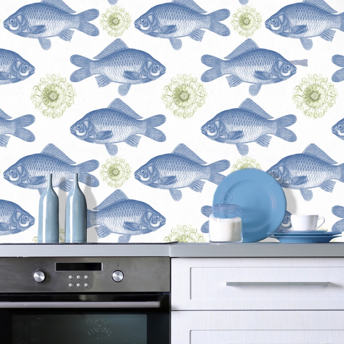 Tapet designer Seaside Fish Blue, MINDTHEGAP, Tapet living, Tapet 