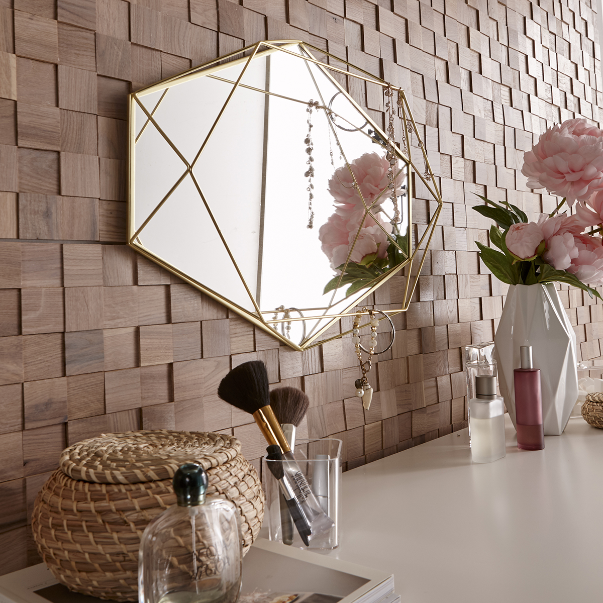 Panouri decorative din lemn Mosaic - Chessboard Oak White - 4 plăci
