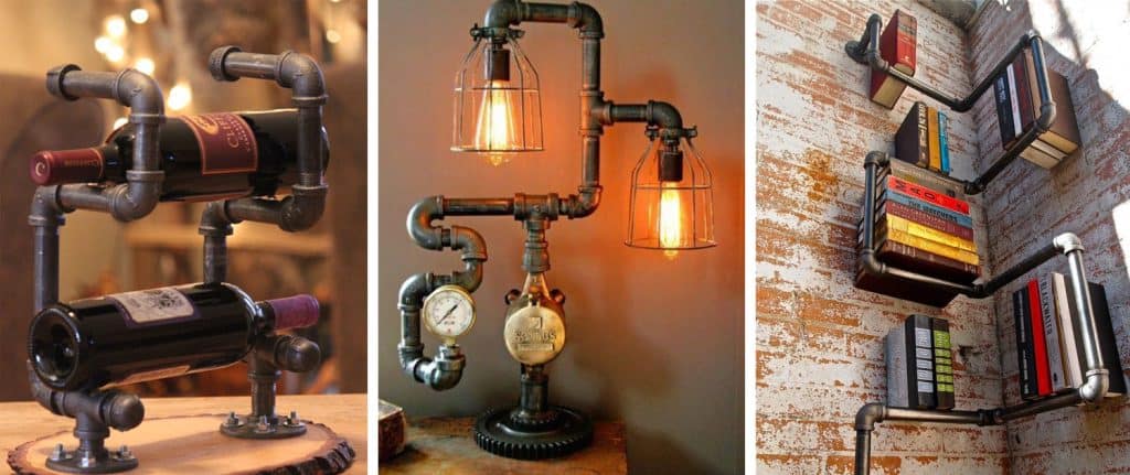 Țevile cu aspect vechi pot fi un decor perfect pentru locuințele în stil Loft tevi decorative in stilul loft pe post de suport de sticle, iluminat sau suport de carti