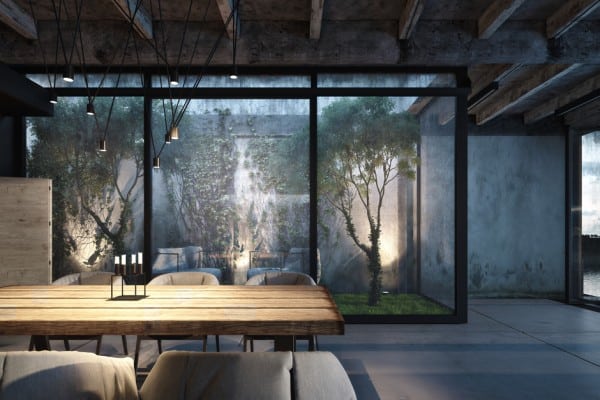 Acest living room în stil Loft este total neobișnuit, având ca decor o grădină cu iarbă și copaci, într-o seră artificială plasată în interiorul locuinței living decorat in stil Loft, cu corpuri de iluminat in stil industrial, masa din lemn si gradina interioara tip acvariu cu iarba si copaci