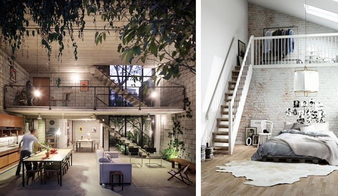 Stilul Loft asigură un flux vizual confortabil, astfel încât să nu creeze impresia că ai locui într-un depozit locuinta decorata in stil loft cu scara interioara si bucatarie si livingroom open space in stanga, iar in deapta este un dormitor decorat in stil loft cu scara interioara catre un dressing industrial