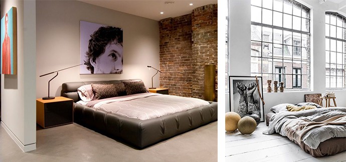 Decorarea pereților cu tablouri, cum ar fi o pictură sau o piesă grafică, este o modalitate drăguță prin care poți adăuga un plus de originalitate casei tale în stil Loft dormitor stil loft cu pat pe mijloc si perete din caramida in poza din stanga, iar in poza din dreapta dormitor in stil loft cu ferestre inalte si pat saltea jos