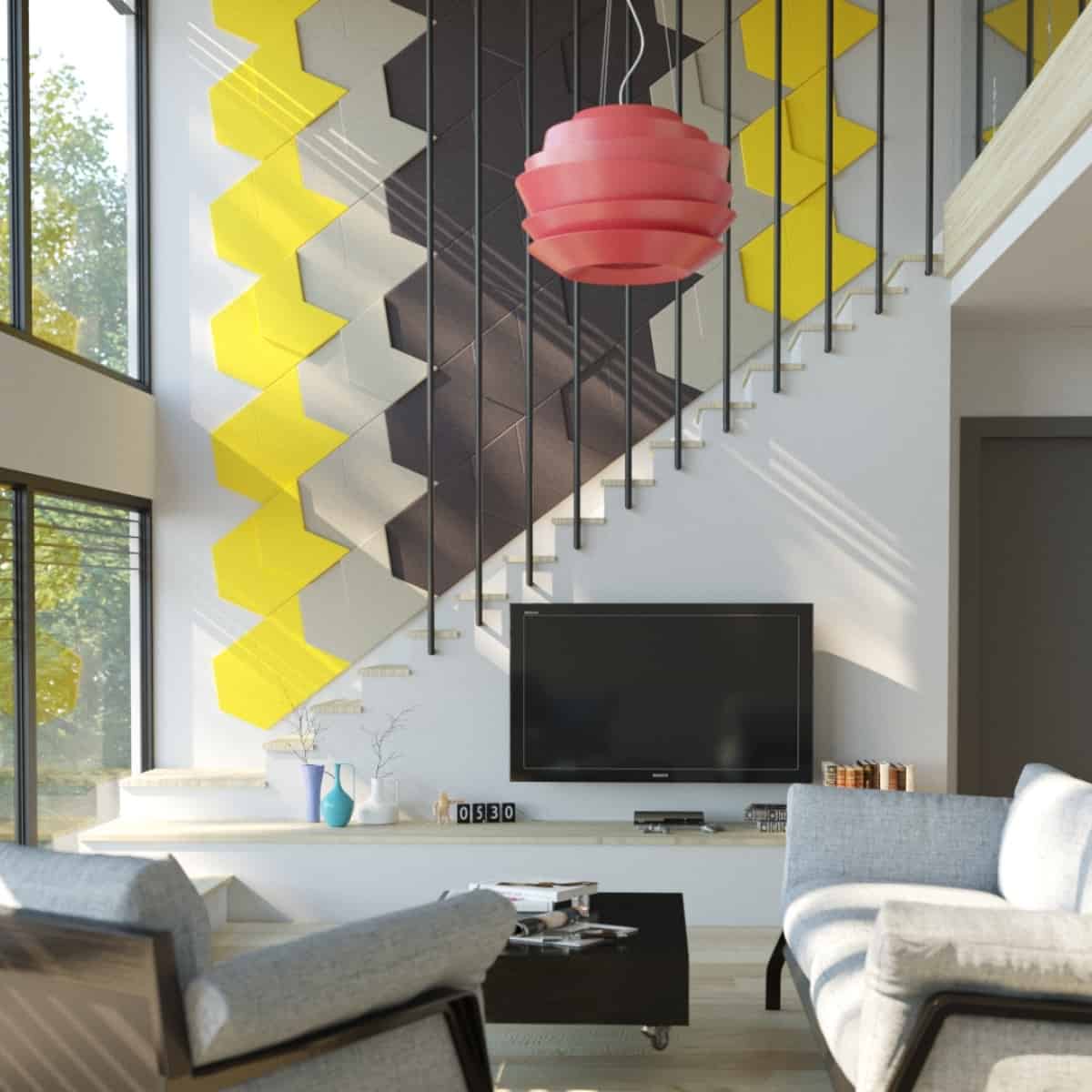 Perete-accent cu panouri decorative