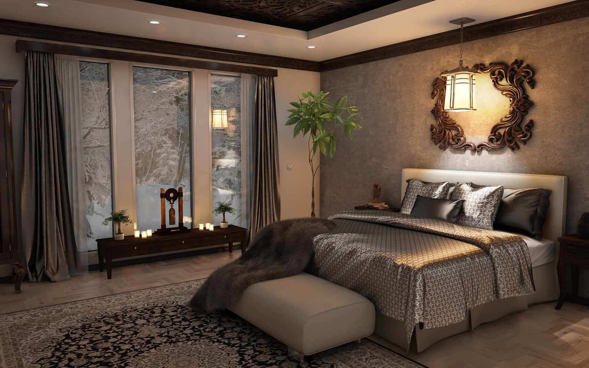 dormitor elegant cu pat pe mijloc si lenjerie din matase