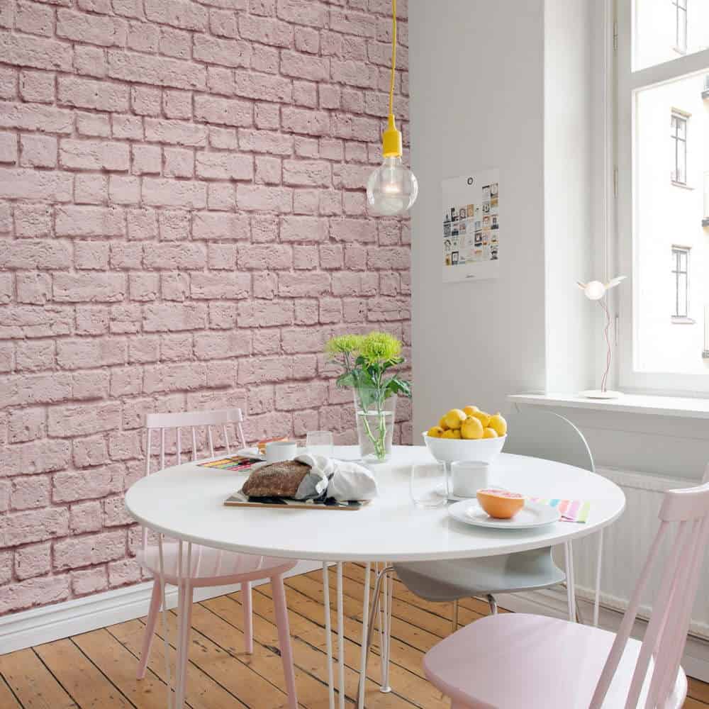 bucatarie decorata cu fototapet roz