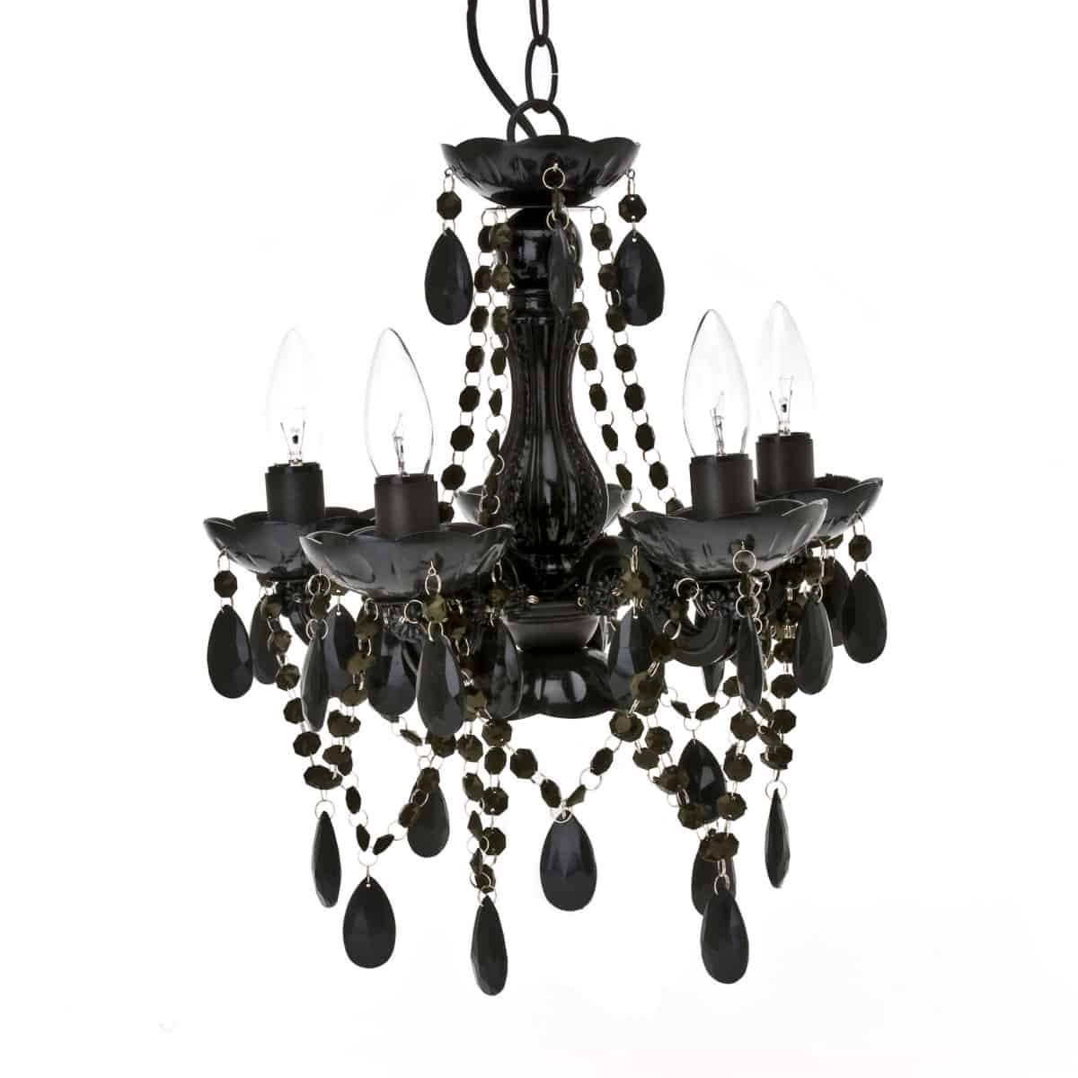 candelabru negru gypsy cu 5 brate si 5 becuri cu elemnte de decor negre pe fundal alb
