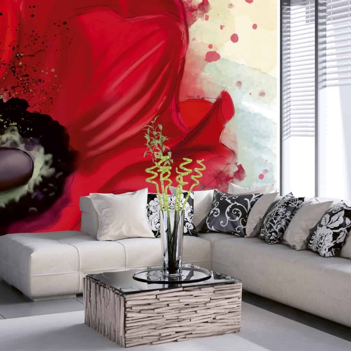montare fototapet 3d cu motiv floral abstract predominant rosu intr-un living decorat in tonuri de alb, maro, verde, negru si gri, cu fereastra mare