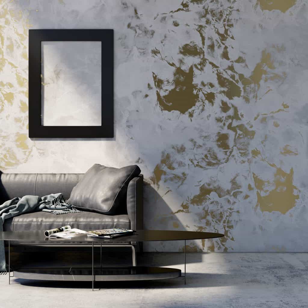 Fototapetul Concrete Surfaces este tipărit pe un material cu textură metalică și este perfect pentru decorarea apartamentelor de mici dimensiuni tapet in stil loft industrial de culoare alb cu auriu