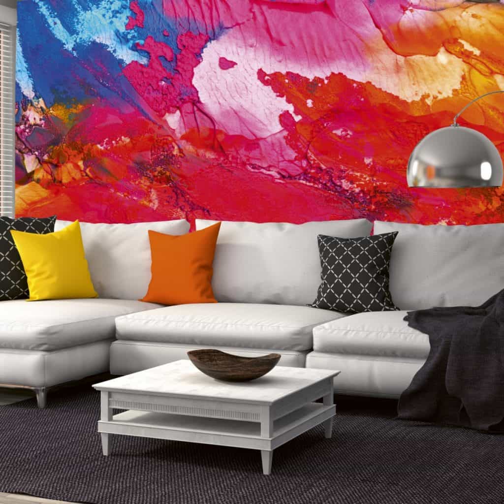 tapet cu model 3d abstract in culori aprinse precum rosu, mov, orange si albastru