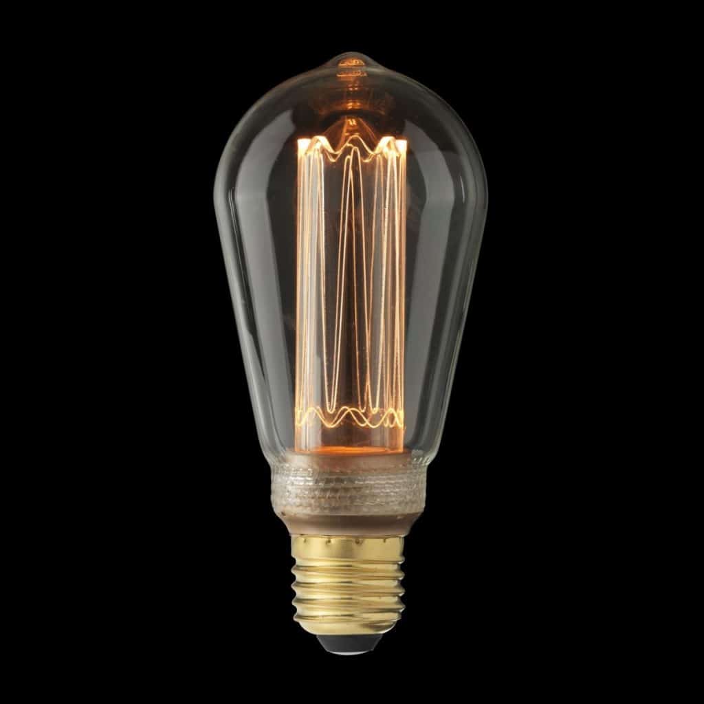 Bec laser led transparent, cu filament dimabil aprins, pe fond negru