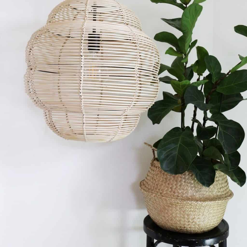 Lampa suspendata din ratan langa un vas decorativ cu floare