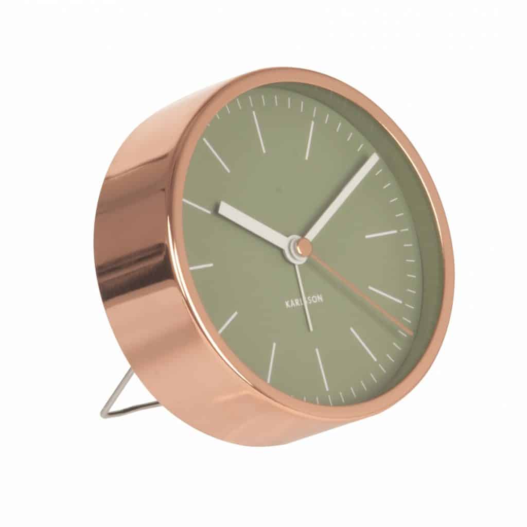 Ceas cu alarma, verde cu rama de nuanta cuprului, pe fond alb