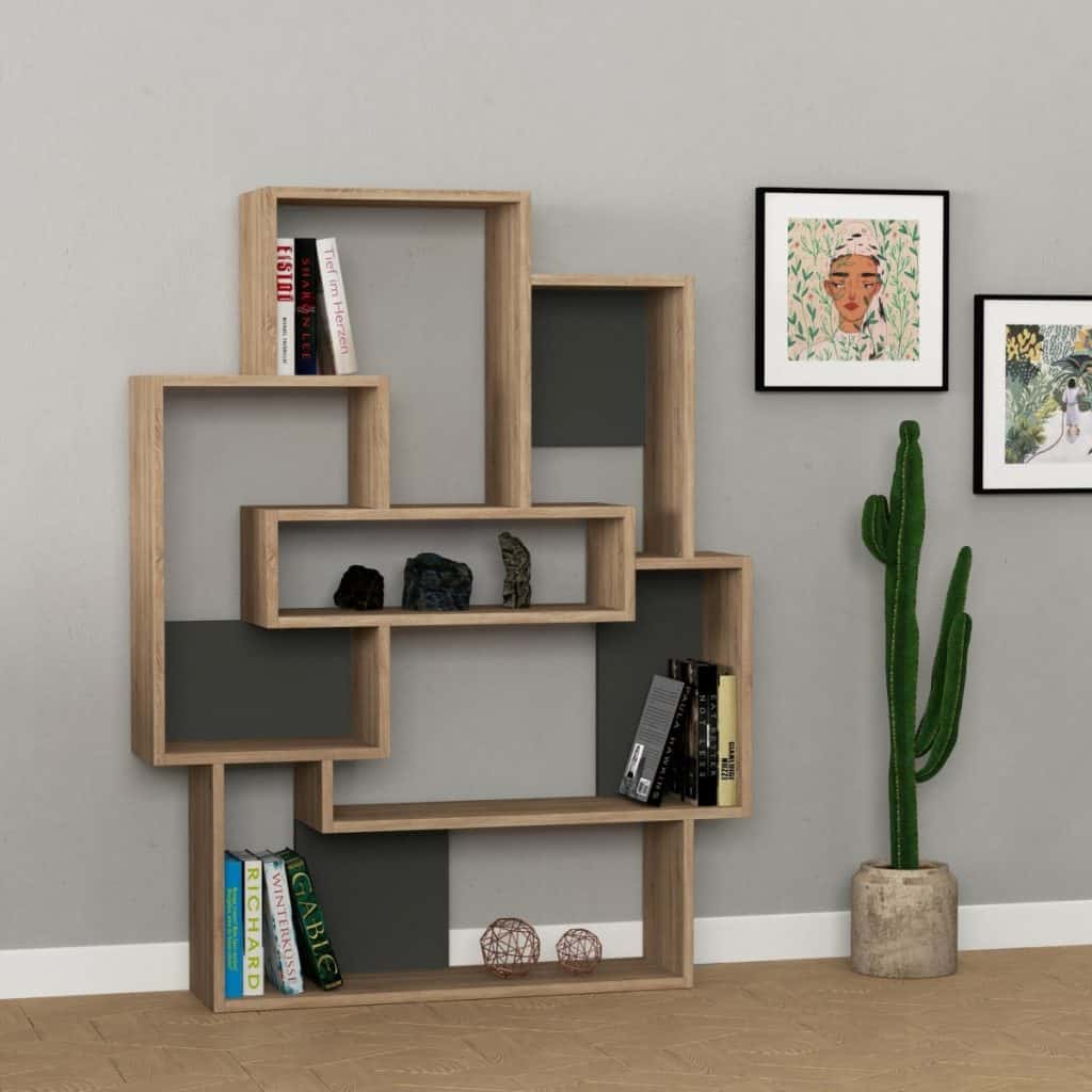 Camera cu pereti gri si biblioteca cu carti si obiecte decorative, cu doua tablouri si o planta