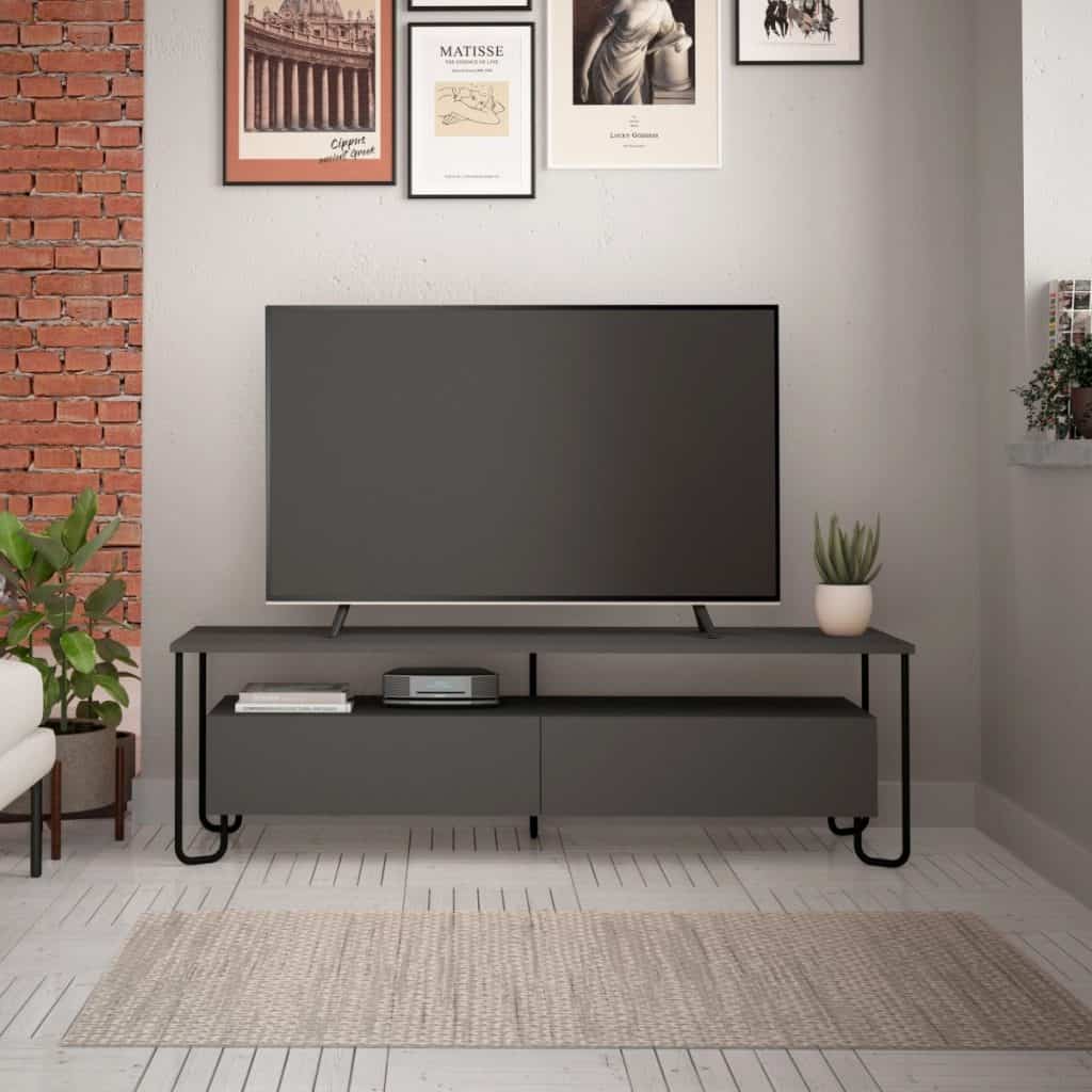 Comoda tv gri pe care se afla un televizor si planta decorativa, deasupra careia se afla tablouri