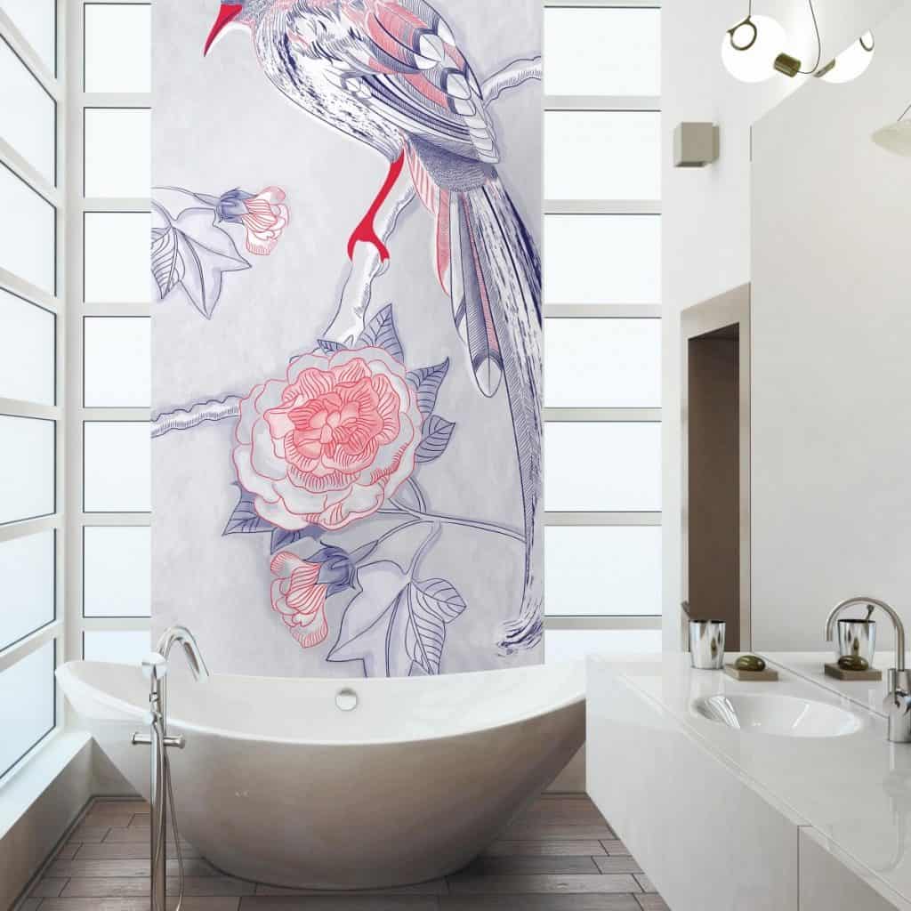 Fototapet Eden intr-o baie cu ferestre, cada ovala alba si mobilier alb