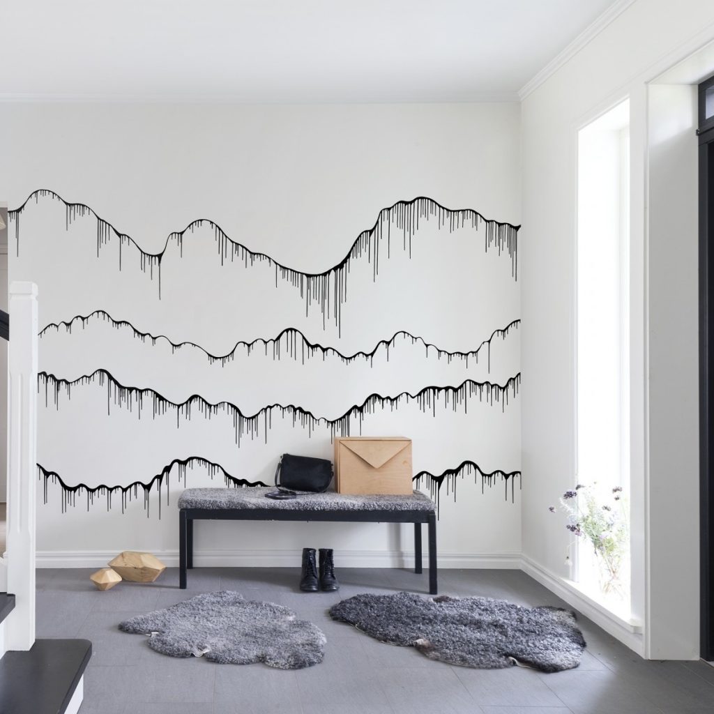 Fototapet 3D Elevation, personalizat, Rebel Walls, intr-o camera cu banca pe care se afla o geanta si o cutie, o pereche de ghete si doua carpete