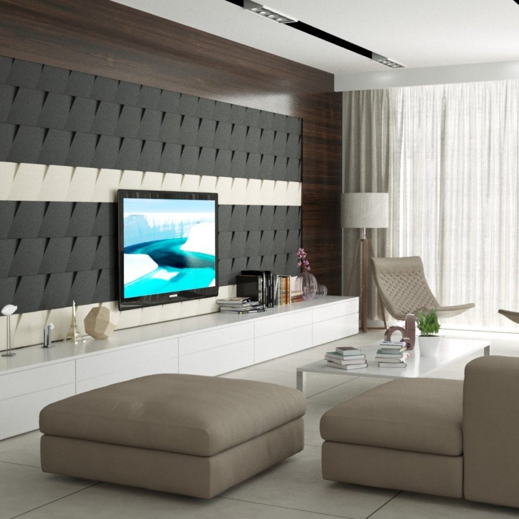 Panouri decorative din burete O!Bubble Jewel intr-un living cu televizor, comoda alba cu obiecte decorative, fotolii si divan crem si masuta alba pe care se afla carti