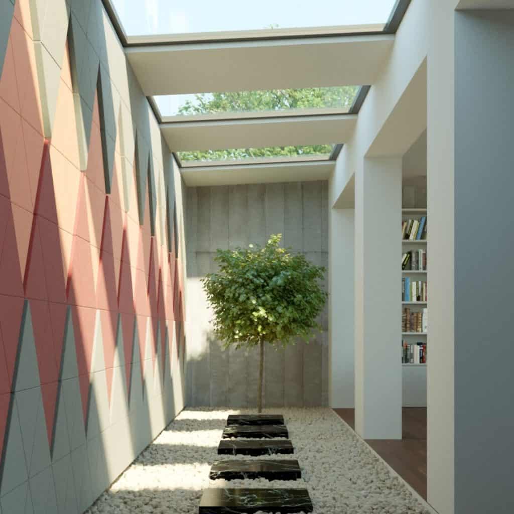 Panouri decorative din burete Tero, O!Bubble, intr-o mansarda cu ferestre in plafon, planta decorativa si alee cu pietre albe cu treceri patrate, negre