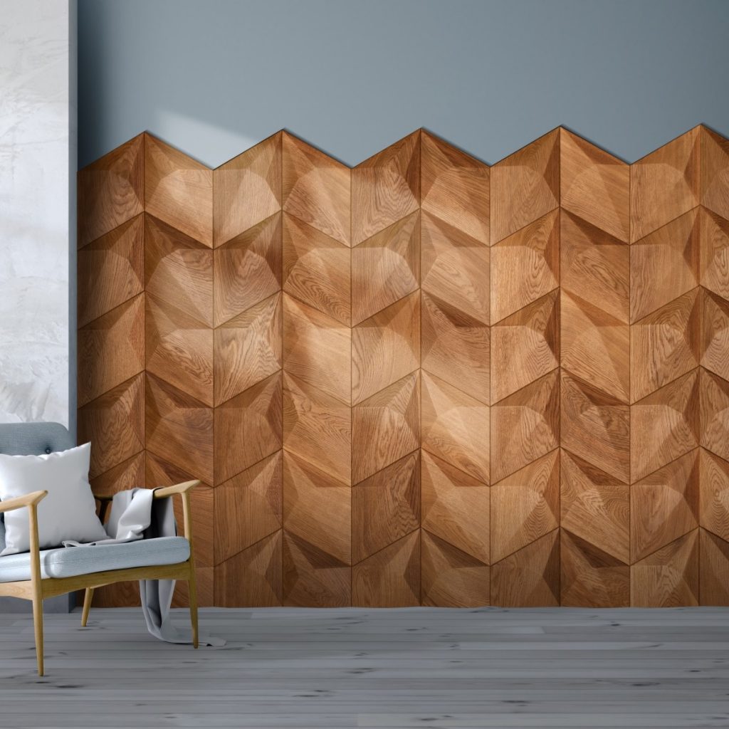 Panouri decorative 3D din lemn de stejar Diamond, Form at Wood, intr-o incapere cu fotoliu alb si parchet gri