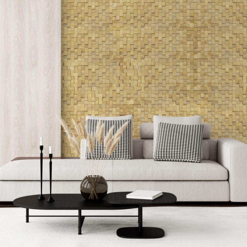 Panouri decorative din lemn de stejar, Finesse Unity, Cubetti, intr-o incapere cu canapea alba si perne decorative, masa de cafea neagra pe care se afla doua lumanari, vas negru cu trestie uscata si carte