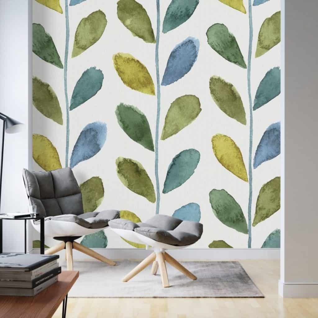 Fototapet My Greenhouse Geo 1, personalizat, Photowall, intr-o incapere cu fotoliu gri, scaun gri, asezate pe un covor gri si masa pe care se afla carti