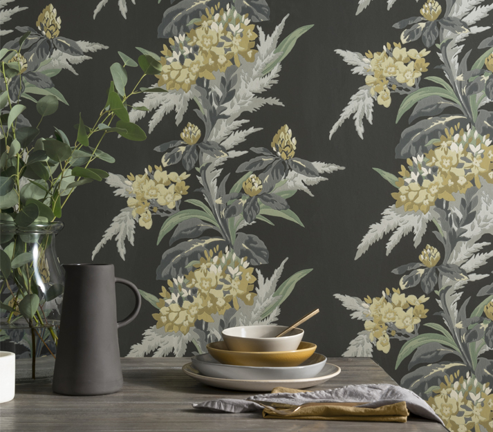 Tapet aurora, jet black luxury floral, 1838 wallcoverings, 5.3mp / rola 