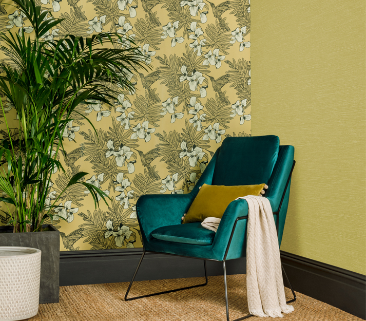 Tapet hummingbird, mustard yellow luxury bird, 1838 wallcoverings, 5.3mp / rola 