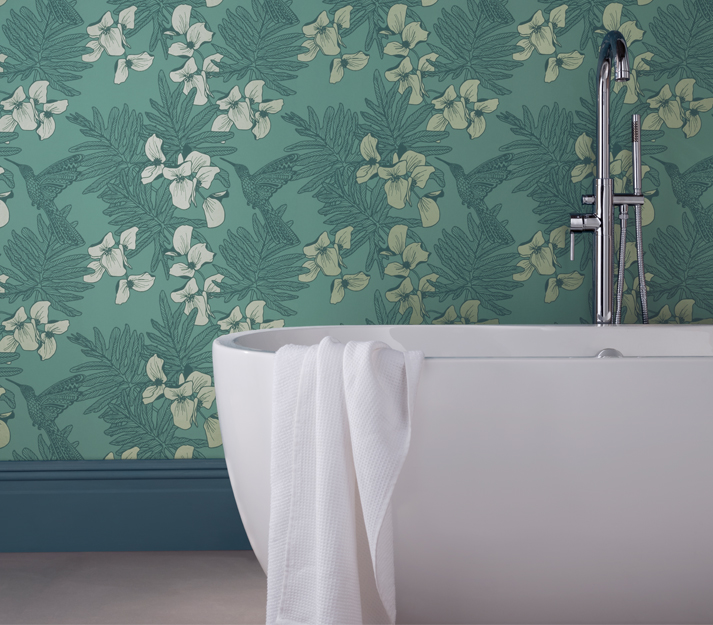 Tapet hummingbird, seafoam teal luxury bird, 1838 wallcoverings, 5.3mp / rola 