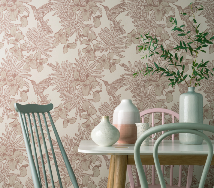 Tapet hummingbird, beach pink luxury bird, 1838 wallcoverings, 5.3mp / rola 