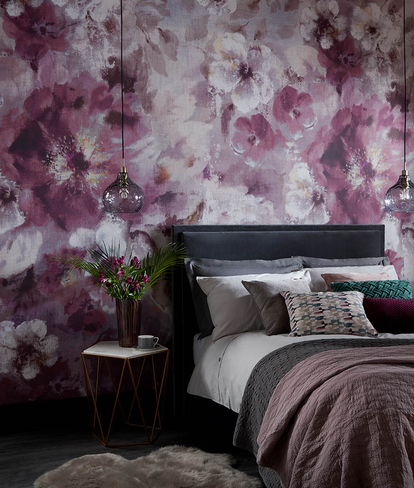 Tapet bloom, magenta purple luxury floral, 1838 wallcoverings, 6.5mp / rola 