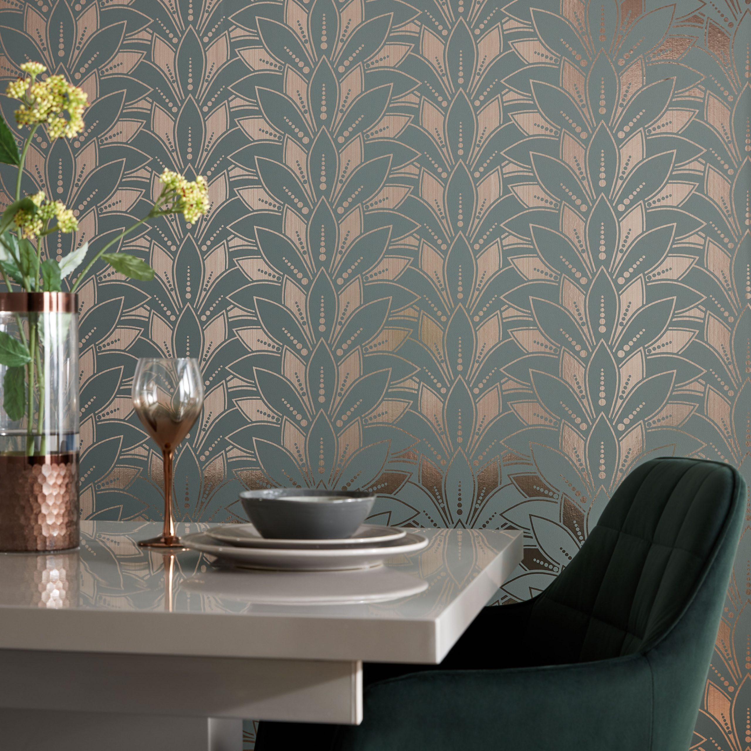 Tapet Astoria, Neo Mint Green and Gold Luxury Foil, 1838 Wallcoverings, 5.3mp / rola 1838
