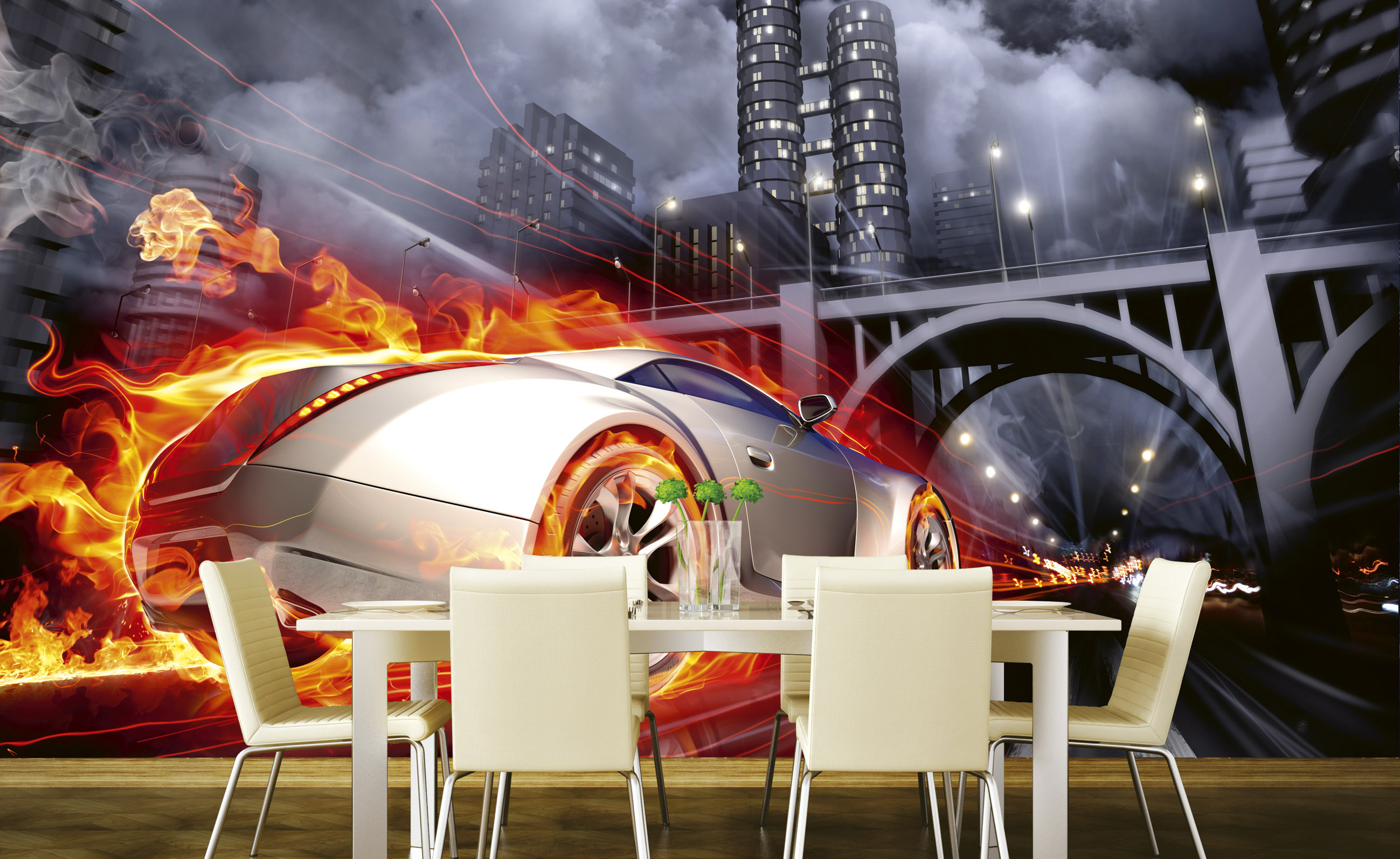 Foto tapet 3d car in flames, dimex, 5 fâșii, 375 x 250cm 