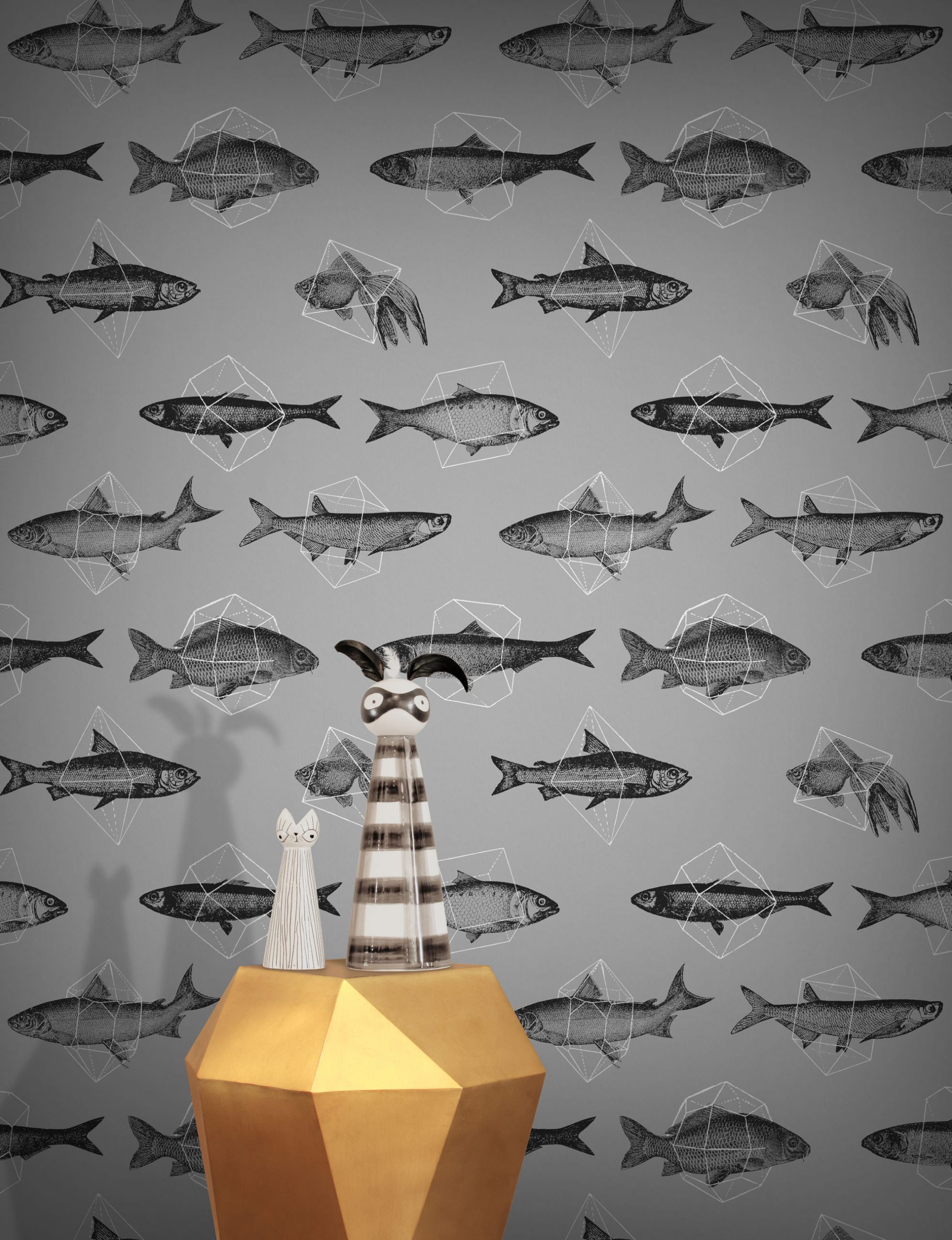 Tapet designer Fishes In Geometrics, Silver – Feathr designer