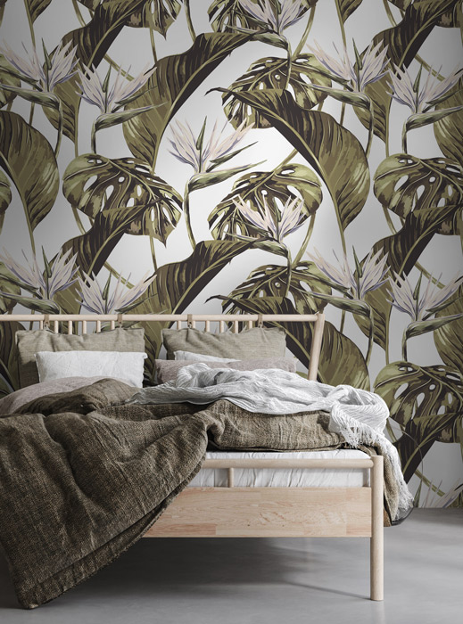 Tapet designer bird of paradise (tropical leaf), white - feathr 