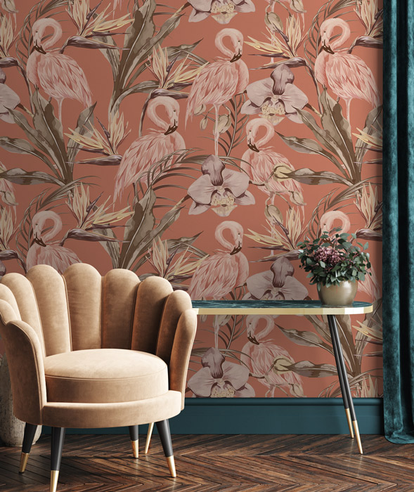 Tapet designer Tropical Shore (Tropical Flamingo), Terracotta – Feathr designer
