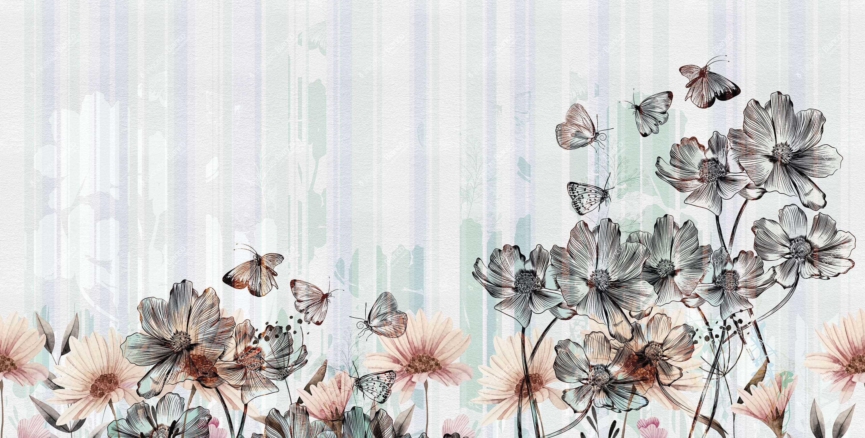 Tapet sketchbook / flowerlines, variant 1, inkiostro bianco 