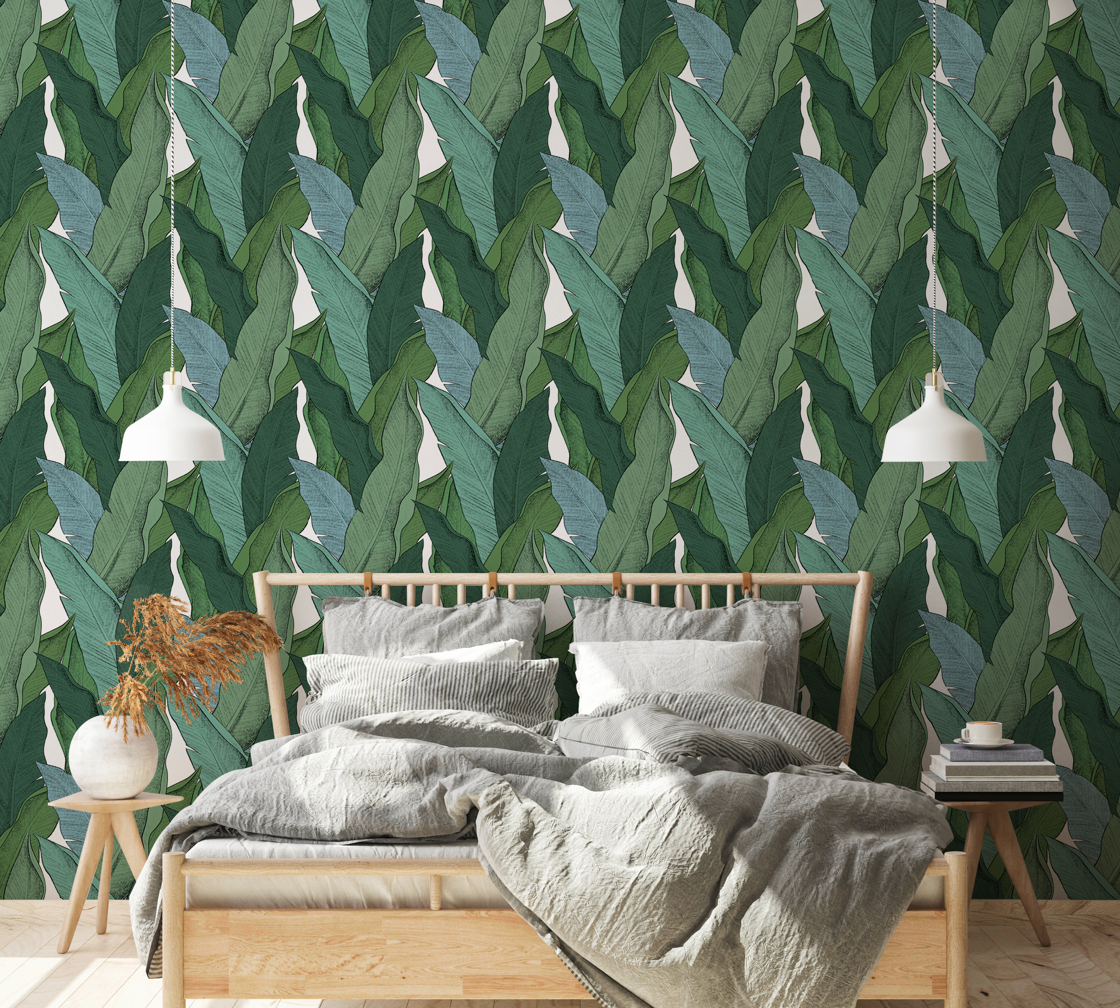 Tapet leaf, vert / fond blanc, 5.3mp / rola, papermint 