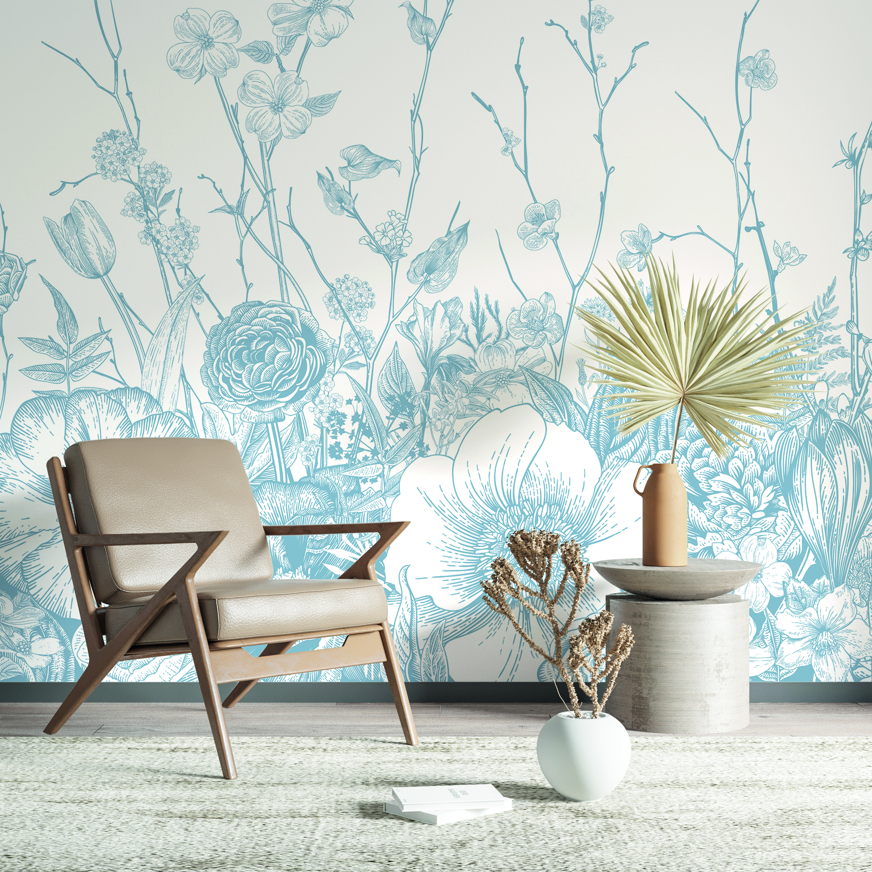 Tapet flora, bleu antique, papermint 